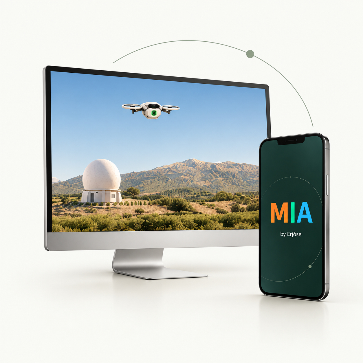 Concepto visual de MIA en un ordenador y un teléfono, con el observatorio y el dron en el escritorio.