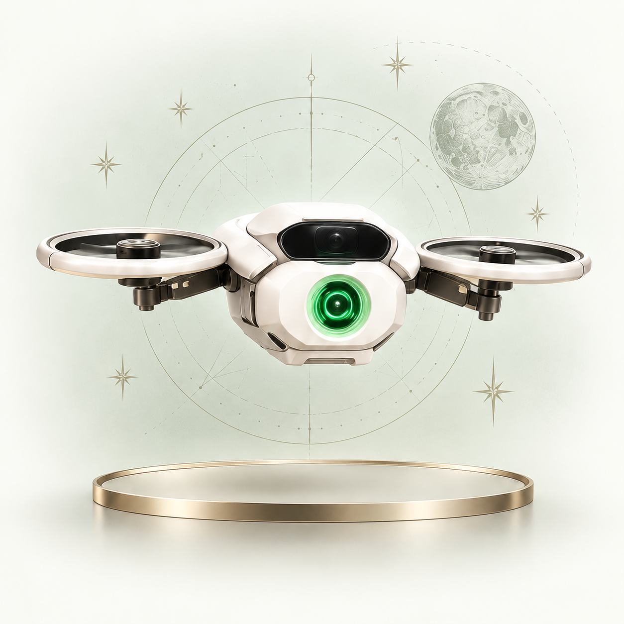 El dron de MIA, blanco con un ojo verde, flota ante una carta celeste clásica.